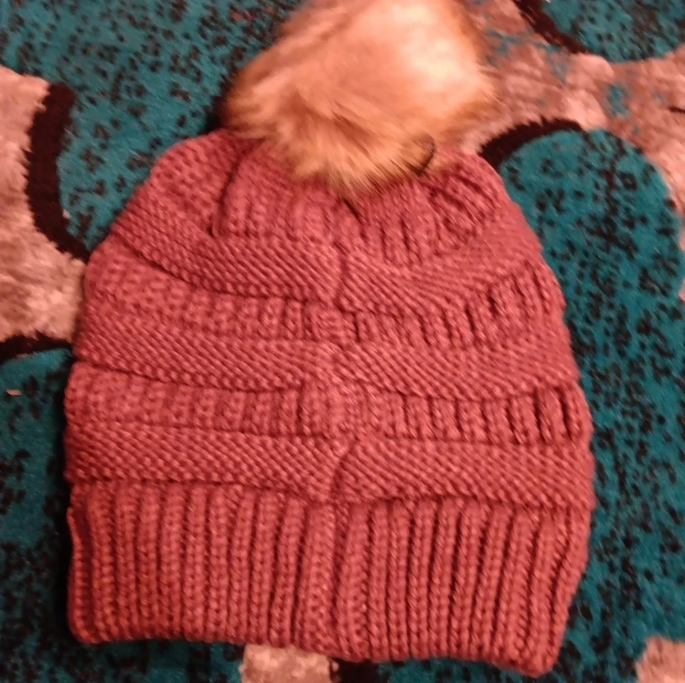C.C  Women's Soft Stretch Cable Knit Faux Fur Pom Beanie Hat